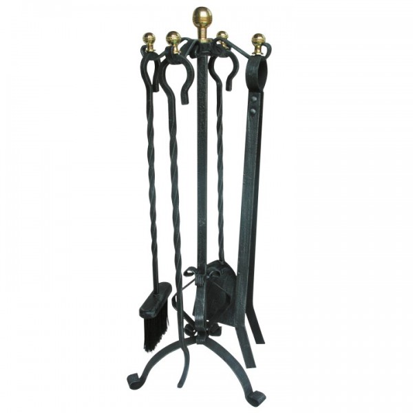Kaminbesteck 4 tlg. schwarz Messingknöpfe