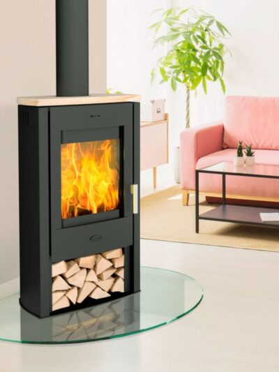 Fireplace Tuvalu Kaminofen Stahl Schwarz | Topplatte Sandstein
