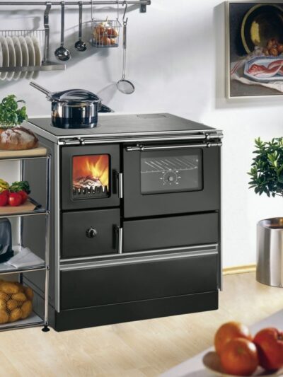 Westminster Holzherd Style 70 schwarz mit geschliffener Herdplatte und Edelstahlherdrahmen Rauchrohranschluss rechts