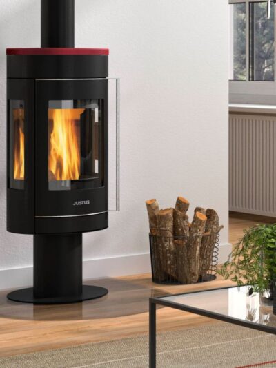 Justus Meva Kaminofen Stahl Schwarz / Topplatte Keramik Bordeauxrot