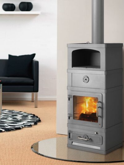 Lotus 2060 Kaminofen mit Warmhaltefach Grau, Rauchabgang oben