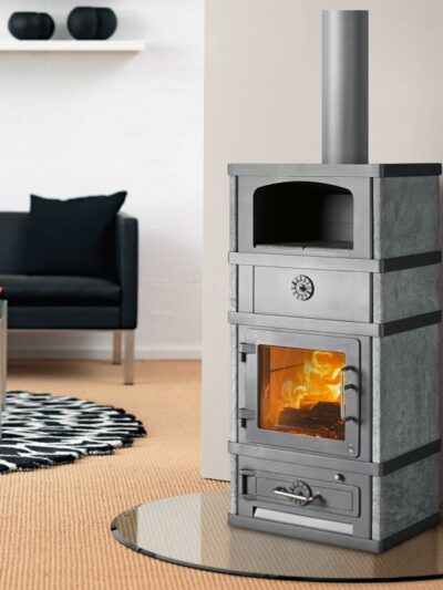 Lotus 2080 Kaminofen mit Warmhaltefach Grau, Rauchabgang oben