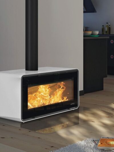 Lotus Living Kaminofen Alpina White, Rauchabgang oben