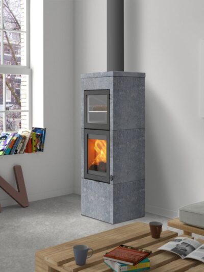 Lotus QM40 Kaminofen Speckstein / Tür Grau mit Backfach, Rauchabgang oben