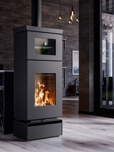 Thermorossi Kaminofen Zen O Evo6 mit Backfach und Holzfach Matt Schwarz