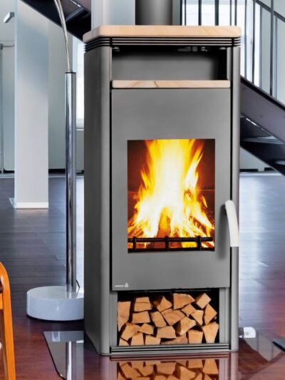 Wamsler Orpheus Kaminofen mit Warmhaltefach Stahl Grau / Sandstein 8 kW